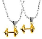 Stylewell (Set Of 2 Pcs) Golden Color Stainless Steel Fitness Gym Weightlifting Bodybuilding Sports Dumbbell Barbell Locket Pendant Necklace With Ball Chain
