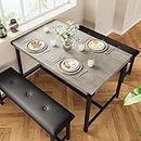 GAOMON Dining Table Set for 4, Kitchen Table with Benches, Rectangular Dining Room Table Set with 2 Upholstered Benches, 3 Piece Kitchen Table Set for Small Space, Apartment, Studio, Retro Grey