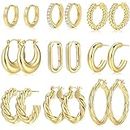 9 Pairs Gold Hoop Earrings for Women, 14K Gold Plated Lightweight Chunky Twisted Hoop Earrings Set for Gift (01-9 Pair Gold)