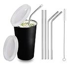 NOBILEA Falcon Stainless Steel Glass with Straw Plus Extra Travel Lid Glass with Extra Straws & Brush (370 ml, Steel)(Black)221
