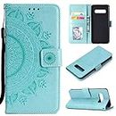 EYZUTAK Mandala Phone Cover for Samsung Galaxy S10, Ultra Slim Flip Case with Card Slot, Magnetic Closure, Embossing PU Leather Case with Stand Function Lanyard, Foldable Motif-Green