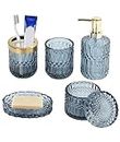 5 Pcs Bathroom Accessories Set, Glass Bath Accessory Complete Set with Lotion Dispenser, Cotton Swab Jars, Soap Dish, Tumbler and Toothbrush Holder (Navy Blue)