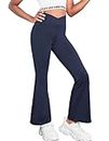 Zaclotre Girls Flare Leggings High Waisted V Crossover Casual Yoga Bell Bottoms with Pockets Pants for Kid Navy Blue