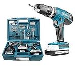Makita 18 V Cordless Combi Drill, 2 x Batteries, Charger and Accessory Kit, 70 pc.