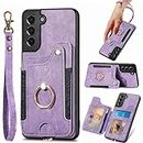 S21 Case,Card Holder Wallet for Samsung Galaxy S21 Case,Ring Holder Stand,RFID-Blocking,Wrist Strap,Camera Protector,Magnetic Clasp,Leather Protective Flip Cover for Galaxy S21 Case 2023 (Purple)
