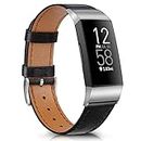 Vancle bands for Fitbit Charge 4 Band/Fitbit Charge 3 Band for Women Men, Leather Wristband with Metal Connectors for Fitbit Charge 3 / Fitbit Charge 4 (Black)