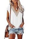 RANPHEE Womens Tops White Summer Cap Sleeve Casual Sexy Lace V Neck T Shirts Loose Fit Cute Tank Tops Ladies Going Out 2024 Basic Tops L