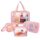 4 Pcs Clear Toiletry Bag, Waterproof Clear Plastic Cosmetic Makeup Bags Transparent Travel Wash Bag for Women and Girls (Pink)