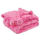 PAVILIA Hot Pink Sherpa Throw Blanket with Soft Pom Pom Fringe, Plush Cozy Warm Blankets for Couch Bed Sofa, Fuzzy Fleece Throw with Pompom, Lightweight Fluffy, Pink 50x60 in