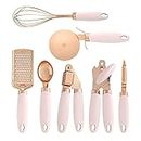 SKYTONE 7 Pices Kitchen Gadget Set Copper Coated Stainless Steel Utensils with Soft Touch Blue Handles Kitchen Tools (Pink, 7)