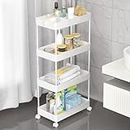 SPACEKEEPER Storage Trolley 4-Tier Rolling Utility Cart Slide Out Shelving Organization Shelf for Laundry Bathroom Kitchen with Two Small Containers & Hooks White