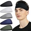 Sports Headband Athletic Mens Sweatband Head Band for Men, Unisex Stretchy Moisture Wicking Hairband for Gym, Running, Cycling, Yoga, Basketball, Football (Black, Green, Blue, White, Light Grey)