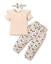 YALLET 3Pcs Toddler Girl Clothes,Solid Color Long Sleeves Ruffle Top+ Floral Pant +Floral Headband, Z Apricot Short, 2-3T