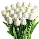 SOJIRUSPA White Artificial Flowers 20 Pcs Faux Tulips PU Real Touch Fake Flowers for Home Office Wedding Decor Arrangement Bouquet Faux Flowers for Decoration