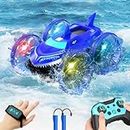 Amphibious RC Car with Lights for Kids Gesture Hand Controlled Remote Control Boat 4WD 2.4 GHz Waterproof RC Stunt Car 360° Rotating Water Beach Pool Toys Gifts for Boys Girls(Blue)