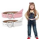 PALAY® Girls Belt for Jeans, 2 Pack PU Leather Kids Belt for Girls 6-12, Fashion Hollow Heart Metal Buckle Waist Belt for Girl Dress Pants Gift (Pink & White, Suit for Waist 26-30")