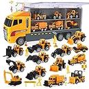 cute stone 25 in 1 Construction Vehicles Trucks Toy Push and Go Car Carrier Truck Toy, Play Vehicles Toy with Sounds and Lights, 12 Mini Diecast Trucks Included