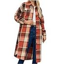 Plus Size Long Shackets for Women Flannel Plaid Coat Fashion Chest Pockets Jacket Vintage Temperament Trenchcoat, Red, Small