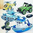 DEOXY DIY Military Army Car Toy 4 Pack with 1 Screwdriver Tools, Kids STEM Toys Including 1 Helicopter, 1 Jeep, 1 Tank, and 1 Boat for Toddlers Age 3-6, Birthday Gifts for Boys 2 3 4 5 6 Year Old