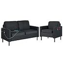 STHOUYN 2 Piece Upholstered Sectional Sofa Set Couches Sofas Living Room Furniture Sets, Loveseat with USB & Accent Chair, Grey Couch Bedroom Livingroom Apartment (2, Dark Grey)