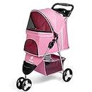Wedyvko Pet Stroller, 3 Wheel Foldable Cat Dog Stroller with Storage Basket and Cup Holder for Small and Medium Cats, Dogs, Puppy (Pink)