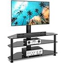 Rfiver Swivel Glass TV Stand with Mount for 32-70 Inch Flat or Curved Screen TV up to 110lbs, Height Adjustable Corner Floor TV Stand Entertainment Center with TV Mount and 3-Tier Storage for AV Media