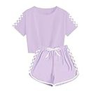 OFIMAN Kids Girls Short Sleeve T-shirt Crop Tops and Shorts Set Summer Tracksuit Sport Clothing Sets(Purple, 5-6Years)