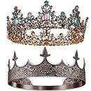 2 Pcs Antique Royal King Crown for Men Baroque Queen Crown for Wedding Birthday Women Crystal Tiara Crowns Prom Accessories Halloween Costume