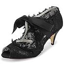 JIAJIA Women's Bridal Shoes 5949419 Peep Toe 2.6" Cone Heel Lace Satin Pumps Ribbon Tie Wedding Shoes, Black, 9.5