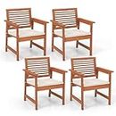 Tangkula Outdoor Dining Chairs Set of 4, Weather-Resistant Heavy Duty Slatted Wood Patio Chairs with Soft Padded Cushions, for Deck, Garden, Poolside, Balcony (4, Off White)