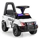 OLAKIDS Ride On Push Police Car, Toddler Foot-to-Floor Sliding Toy with Siren, Steering Wheel, Megaphone, Horn, Headlights, Under Seat Storage, Kids Racer Walking Gift for Boys Girls 3+ (White)
