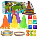4 In 1 Carnival Games Combo Set with LED Bean Bags, LED Cones, Pickleball and Throwing Rings, Ring Toss Throwing Game Set, Outdoor Play Equipment for Children, Kids Garden Toys, Sports Day Toys