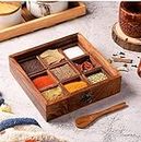 Delux Wood Carver Spice Box With Spoon-Spice Box For Kitchen Indian Wood Container With Lid Decorative Masala Dabba Organizer Handmade/Spice Storage Racks Jars // 9 containers