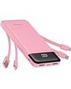 Portable Charger with Built in Cables, Portable Charger with Cords Wires Slim 10000mAh Travel Essentials Battery Pack 6 Outputs 3A High Speed Power Bank for iPhone Samsung Pixel LG Moto iPad (Pink)
