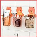 Wolpin Toothbrush Holder (Set of 3 Pcs) Plastic Stand for Toothpaste, Comb, Brush, Cream, Lotion Kids Bathroom Cup Drain Waterproof Self-Adhesive, Teddy Bear