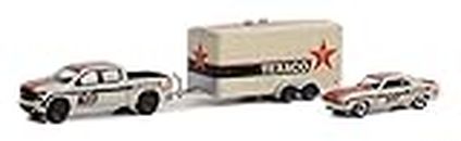 Greenlight 31140-C Racing Hitch & Tow Series 4 2021 Chevy Silverado and 1969 Camaro RS Texaco #18 2021 Optima Ultimate Street Car National Champ with Enclosed Car Hauler 1:64 Scale Diecast