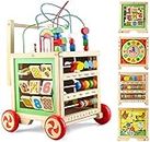 Wondertoys Wooden Activity Cube Toys with Bead Maze Baby Clocks Shape Sorter Abacus 6 in 1 Play Baby Push and Pull Learning Walker Educational Toys for Kids Gifts