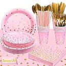 Pink and Gold Party Supplies 193pcs/Serves 24 Pink and Gold Birthday Dinnerware Set- Pink and Gold Birthday Plates Cups Tablecloth etc Pink Themed Party Decorations