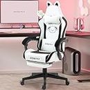 Dowinx Gaming Chair Cute with Plush Doggy and Massage Lumbar Support, Ergonomic Computer Chair for Girl with Footrest and Headrest, Comfortable Game Chair 290lbs for Adult, Teen, Black and White