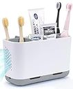 Toothbrush Holder for Bathroom countertop Storage, Large Brushed Nickel Toothbrush and Toothpaste Organizer Caddy Detachable with Adjustable Dividers for Shower Kitchen Family Kids (White with Grey)