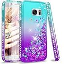 LeYi Case for Samsung Galaxy S7 with Glass Screen Protector [2 pack], Glitter Liquid Flow Luxury Clear Transparent Diamond TPU Silicone Shockproof Cover Samsung S7 G930 Turquoise Purple