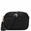 FashionPuzzle Chevron Quilted Crossbody Camera Bag with Chain Strap and Tassel, Black, One Size