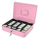 Flexzion Cash Box with Money Tray and Lock - Metal Cash Box for Small Businesses, 9-Compartment Pink Money Box with Lock and Key for Petty Cash, Checks, Coins, Portable Money Box for Cash Storage