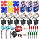 PGSA2Z® DC Mini Electric Motor Kit - High Torque Magnetic Motor with 6 pcs 4 Blade Propeller, 9v Battery with Snap, 6 pcs Rocker Switches, 10 LED Lights, Resistors, Buzzer, and 1 Meter Wire Kit - Multi Color