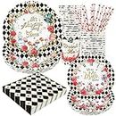 Alice Party Supplies Decorations, Tea Party Theme Birthday Baby Shower Paper Plates and Napkins Set with Cups and Straws for 24 Guests, 120 Pcs Disposable Party Dessert Dinnerwares