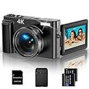 4K Digital Camera for Photography and Video Auto Focus 48MP Vlogging Camera for Compact Camera YouTube Digital Zoom 16X with 180 Degree Flash 3 Inch SD Card 32G 2 Batteries and Charger