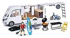 Dickie Toys - Playlife Camper Set, Hymer B-Class Motorhome, con pannello, porta laterale, gavone e tetto apribili, Incluso personaggio, E-Bike, BBQ con luci, paddling, tavolo con sedia