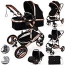 Baby Stroller 3 in 1 Pram Pushchair Buggy Child Lightweight Folding Stroller 3 in 1 Travel System Pram for Newborns Toddlers 0-36 Months from Birth Aluminium (Black - Rose Gold Frame)