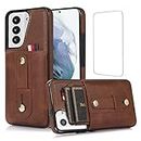 Galaxy S21 5G Wallet Case, Design for Samsung S 21 with Screen Protector Adjustable Wrist Strap Kickstand and Hidden Sliding Card Holder Slot Shockproof Protective Cover for Women Men 6.2 inch Brown