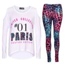 Mädchen Top #01 Paris Druck weißes Oberteil & Multi Leoaprd Leggings Outfit Bekleidung Sets